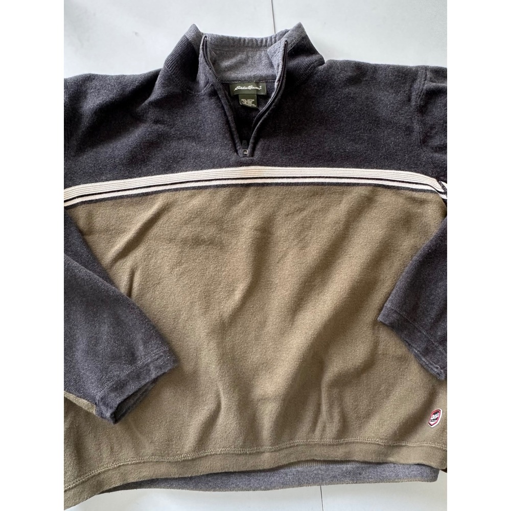 Eddie Bauer Mens XL Quarter Zip Sweater Cotton Colorblock Gray Green Pullover